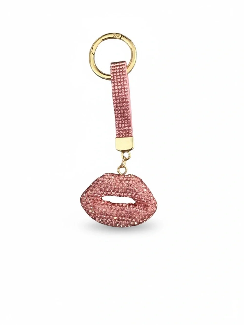 Sparkling Pink Lip Rhinestone Keychain with Gold Ring